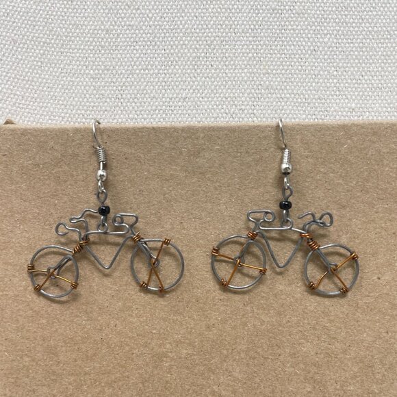Wire Bicycle Earrings‎ Novelty Dangle Drop Handmade Whimsy Silver-Tone - Picture 1 of 5